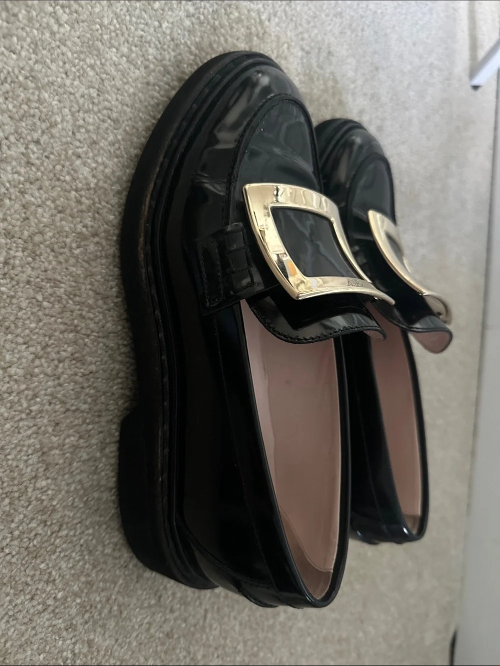 Roger Vivier Black Patent Leather Loafers with Gold Buckle
